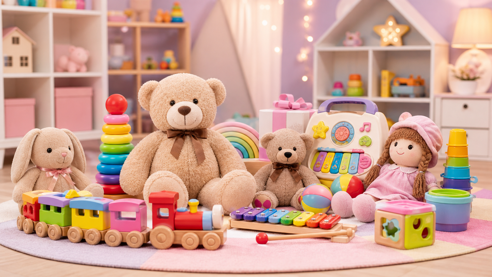 Toy store display with soft toys, gifts, and learning items