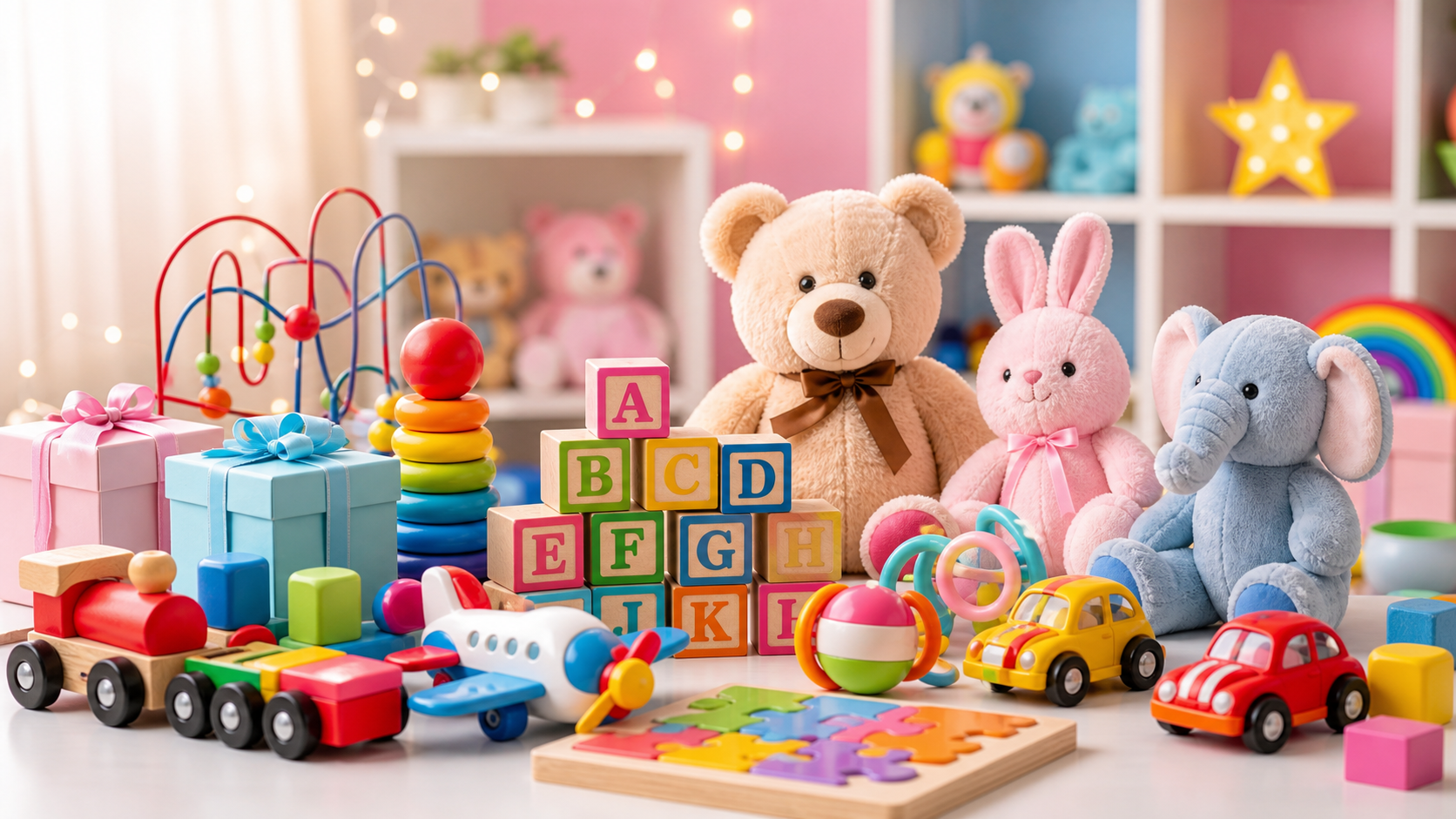 Baby and kids toy collection with train, balls, and blocks